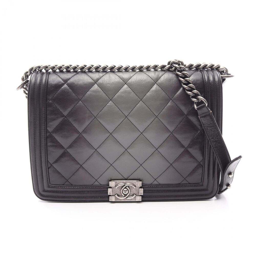 Chanel Boy Large Matelassé Gradient Shoulder Bag Handbag Leather Women's Blac...